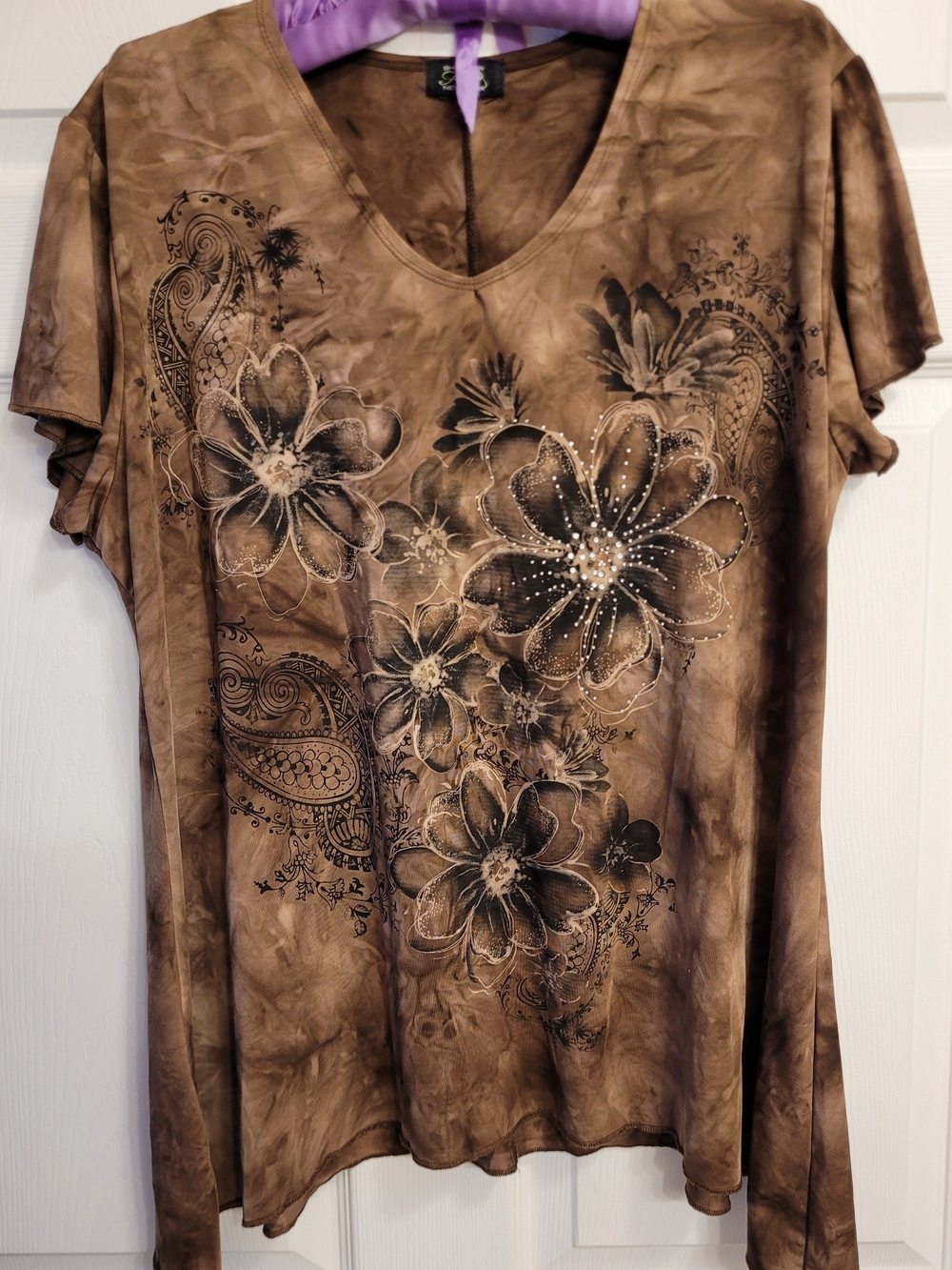 Shannon Fird NY Brown Tie-Dye V-Neck Floral Short Sleeve Top Sz. Lg